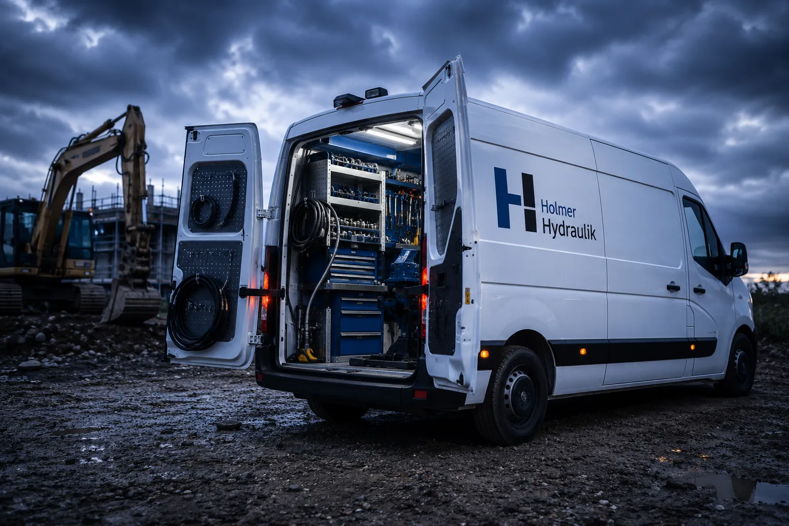 Servicebus von Holmer Hydraulik im Einsatz auf der Baustelle